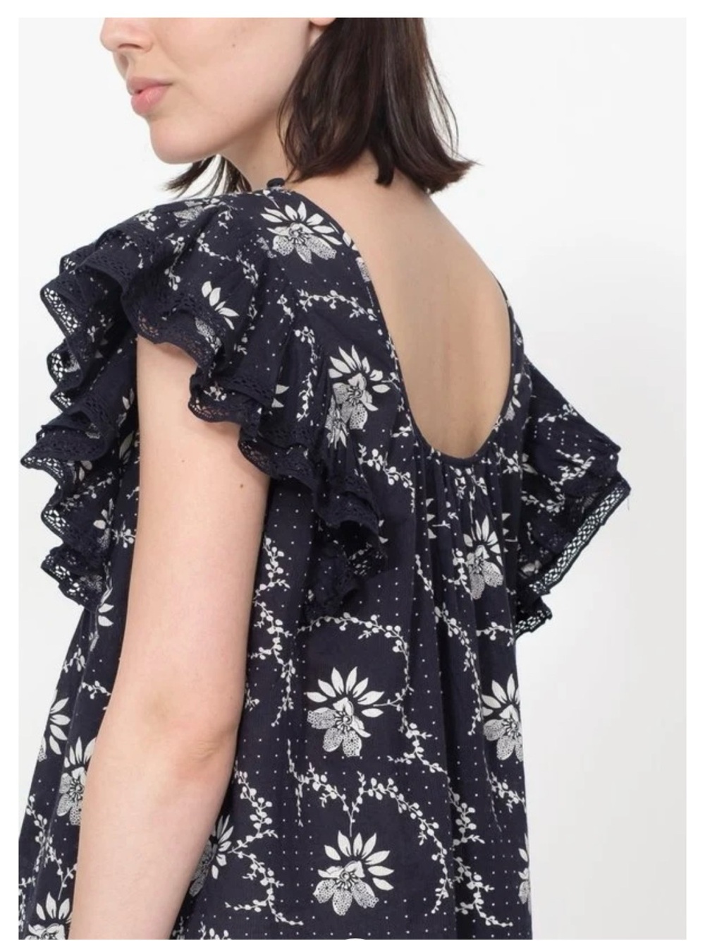 NWT Sea Tatiana Ruffle top Navy Floral Sleeve Sz 2